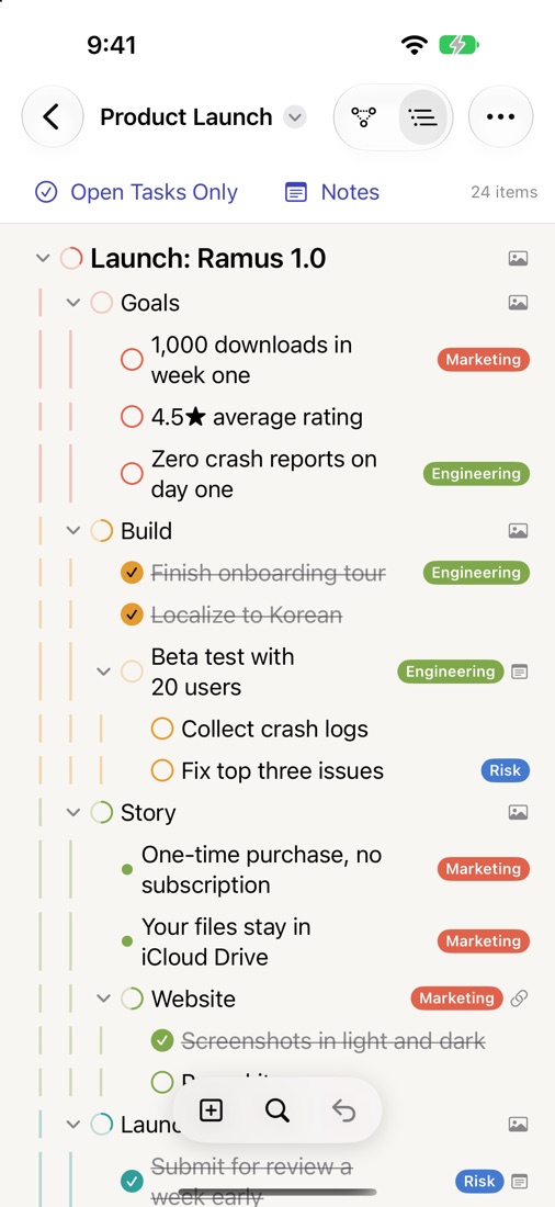 The map as an outline with tasks and tags on iPhone